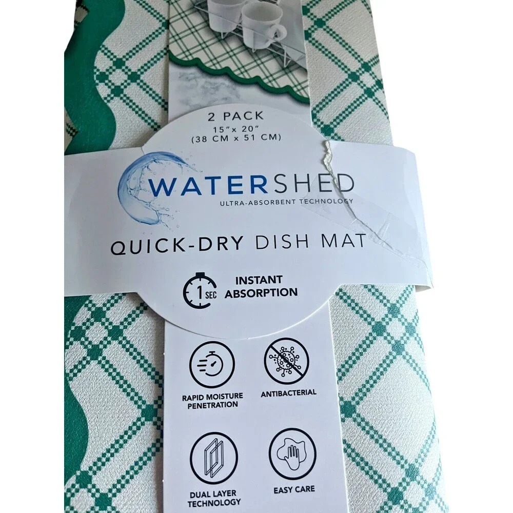 Watershed Quick Dry Kitchen Dish Drying Mat Set Of 2 Green Plaid Rubber Back